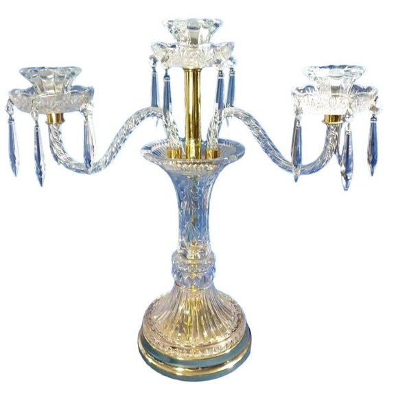 XL Cut Crystal 3 Arm Candlestick Candelabra  Prisms Hollywood Regency MCM Brass - Picture 4 of 10